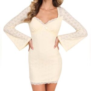 Lulus Notable Cuteness Cream Textured Long Sleeve Mini Dress